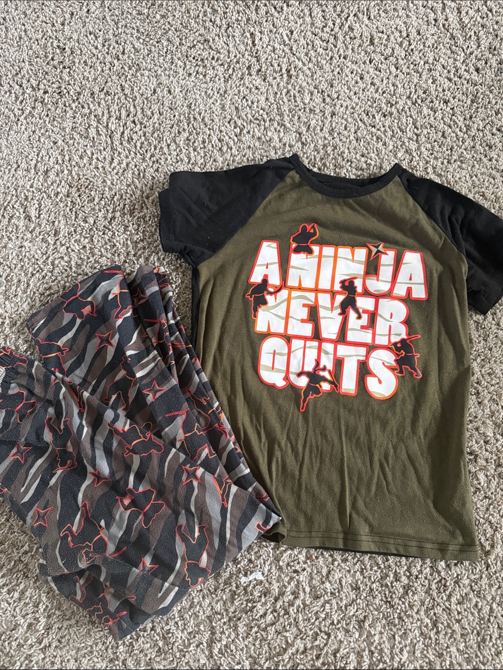 Boys Green Pajama set A Ninja Never Quits top and pants